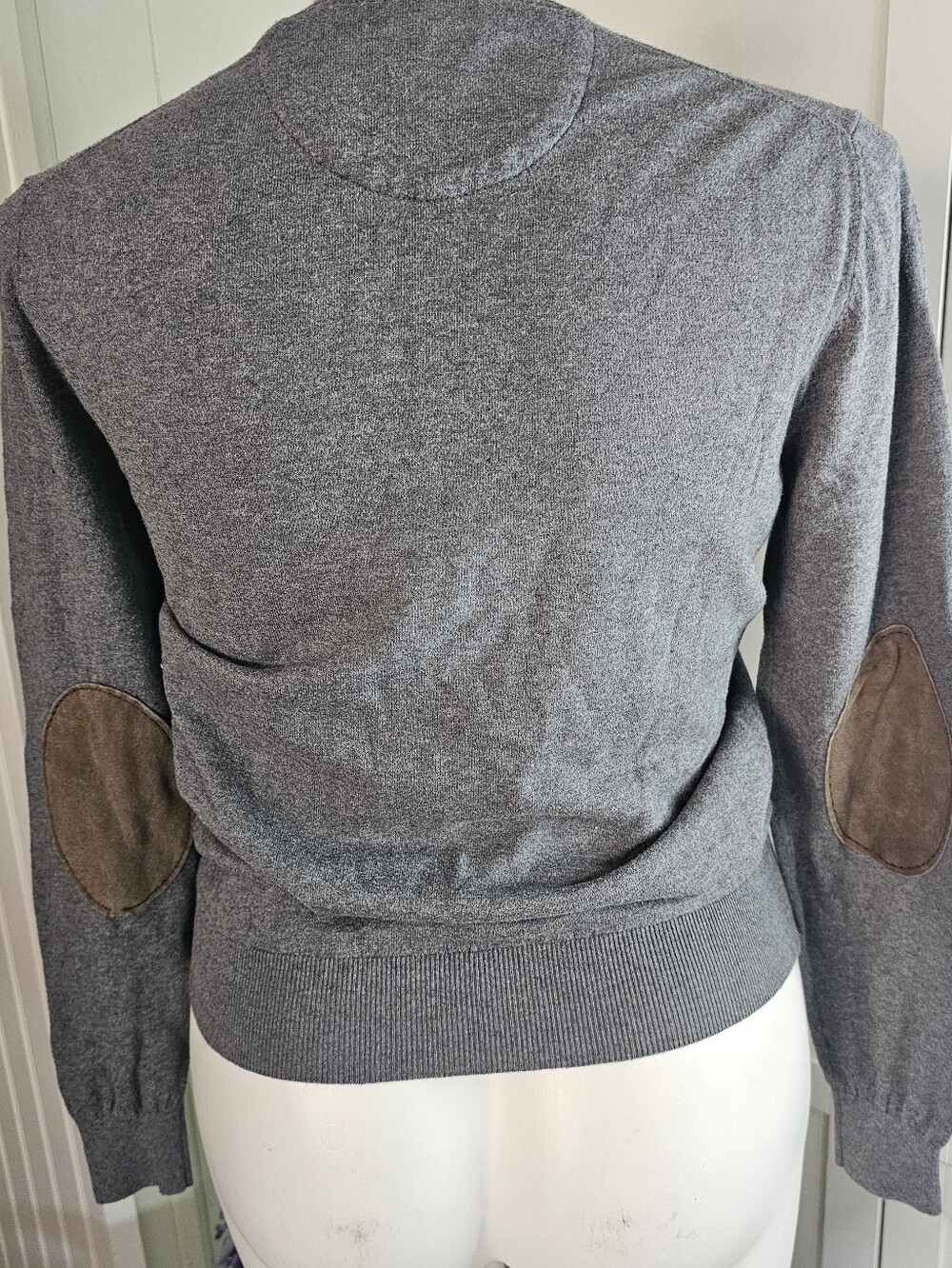 Massimo Dutti Women L Gray Cotton Silk Cashmere V Neck Sweater Suede Elbow Patch - Picture 5 of 12